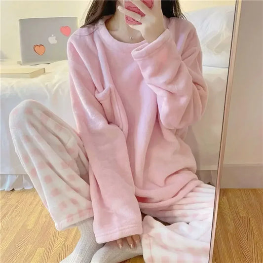 Women's Thick Warm Fleece Pajama Set, Casual Solid Winter Sleepwear