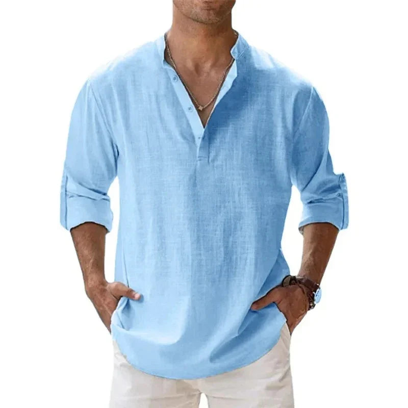 Men's Lightweight Long-Sleeve Henley Cotton-Linen Shirts