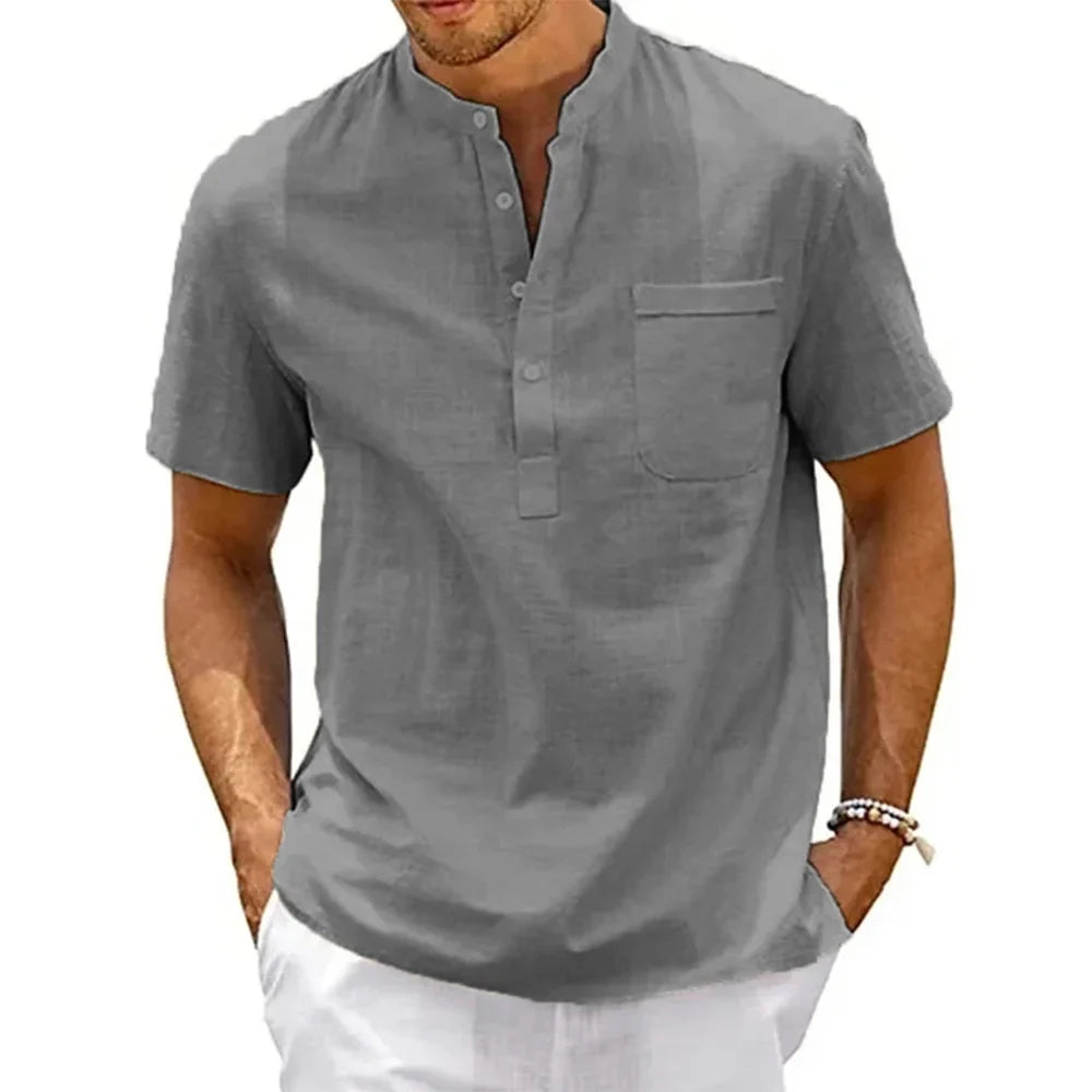 Men's Cotton-Linen Henley Beach Shirt with Pocket