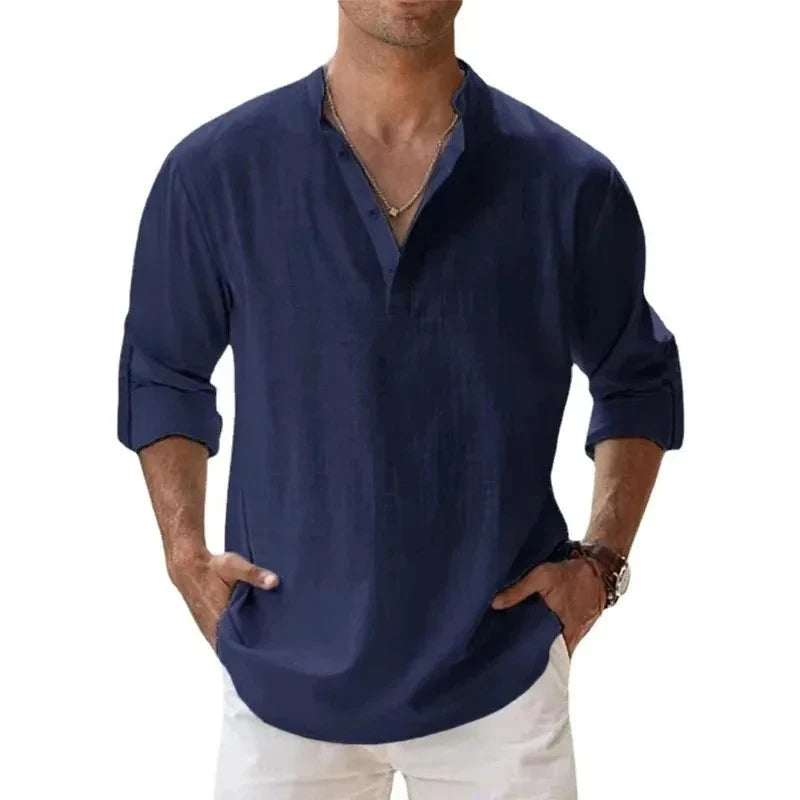 Men's Lightweight Long-Sleeve Henley Cotton-Linen Shirts