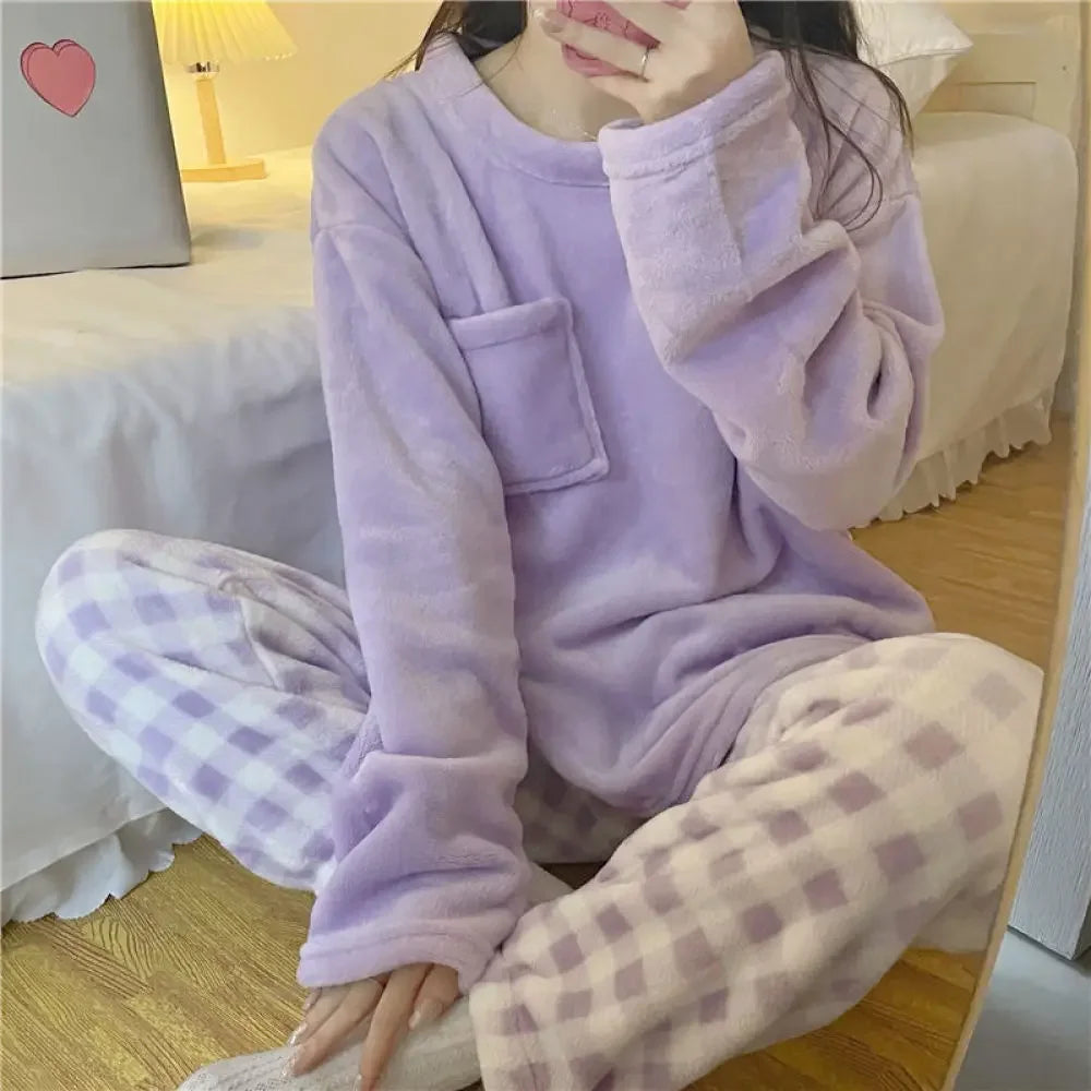 Women's Thick Warm Fleece Pajama Set, Casual Solid Winter Sleepwear