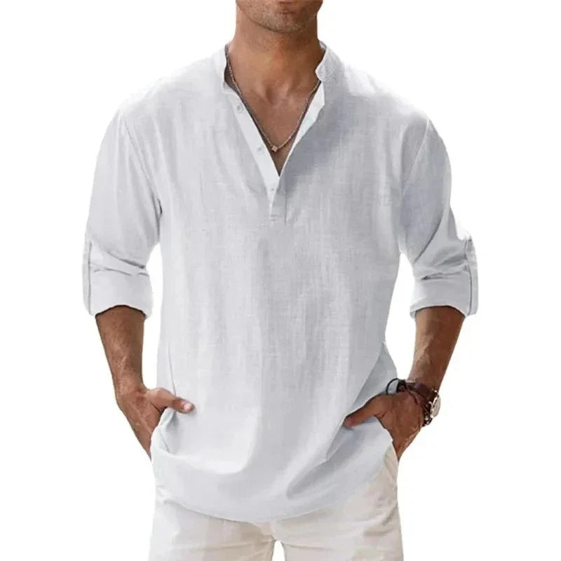 Men's Lightweight Long-Sleeve Henley Cotton-Linen Shirts