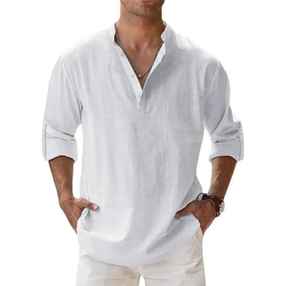 Men's Lightweight Long-Sleeve Henley Cotton-Linen Shirts