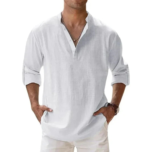 Men's Lightweight Long-Sleeve Henley Cotton-Linen Shirts
