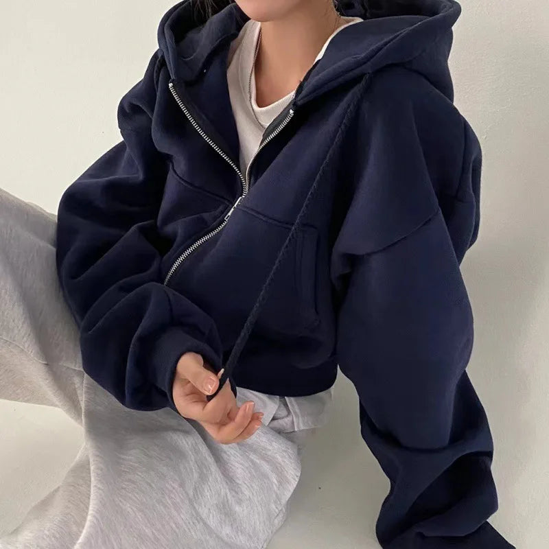 Women's Warm Navy Zip-Up Cropped Fleece-Lined Hoodie