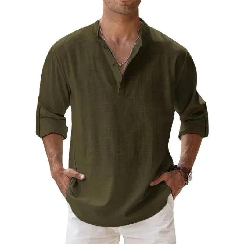 Men's Lightweight Long-Sleeve Henley Cotton-Linen Shirts