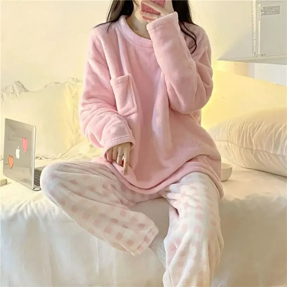 Women's Thick Warm Fleece Pajama Set, Casual Solid Winter Sleepwear