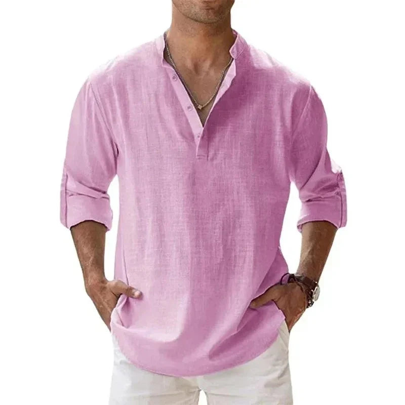 Men's Lightweight Long-Sleeve Henley Cotton-Linen Shirts