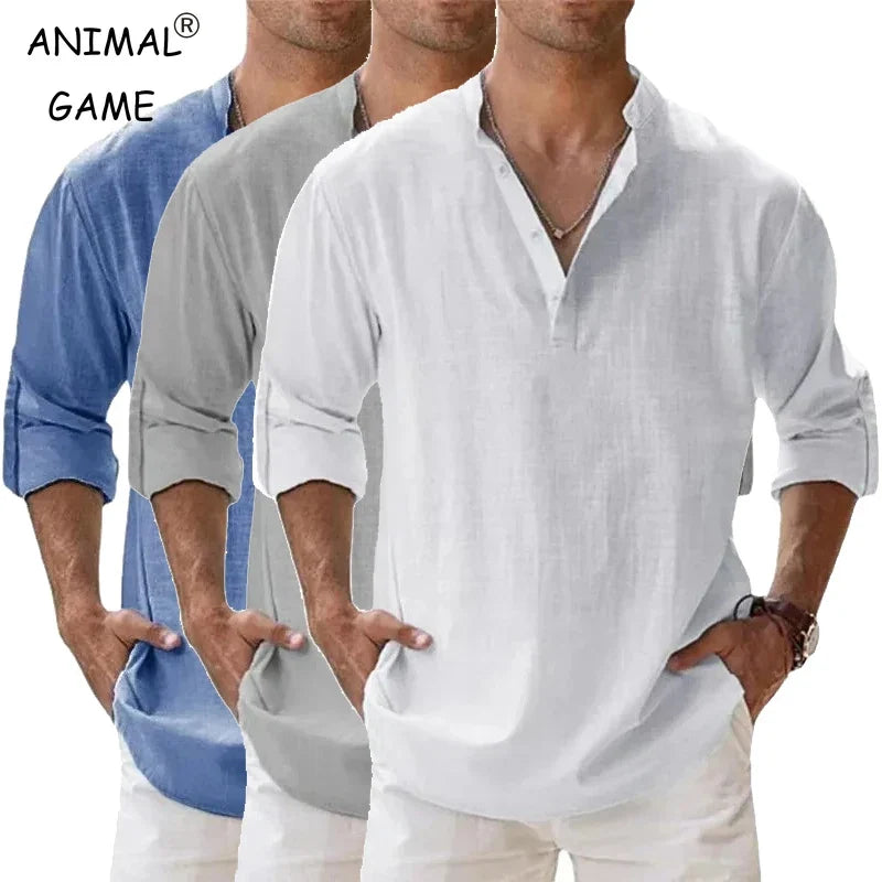 Men's Lightweight Long-Sleeve Henley Cotton-Linen Shirts