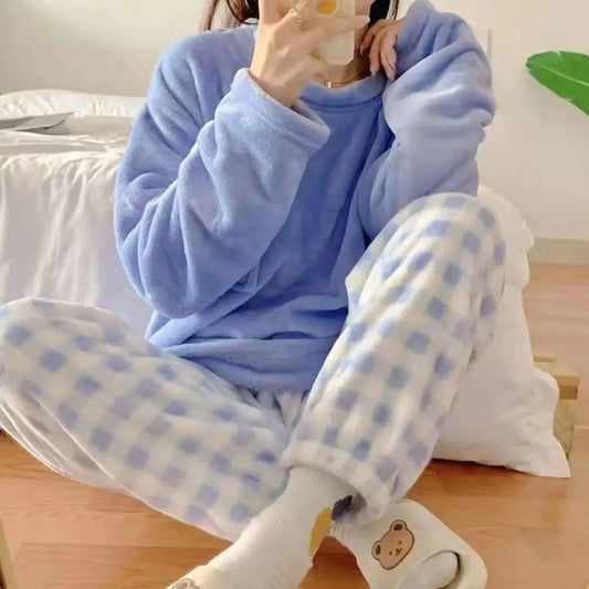 Women's Thick Warm Fleece Pajama Set, Casual Solid Winter Sleepwear
