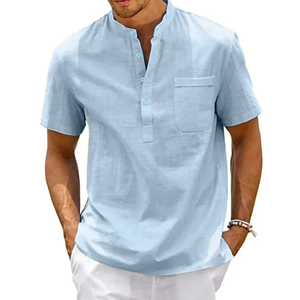 Men's Cotton-Linen Henley Beach Shirt with Pocket