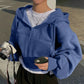 Women's Warm Navy Zip-Up Cropped Fleece-Lined Hoodie