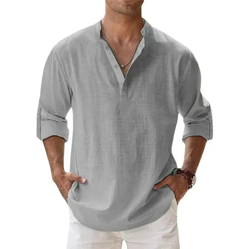 Men's Lightweight Long-Sleeve Henley Cotton-Linen Shirts