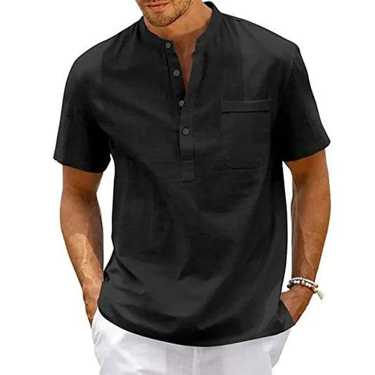 Men's Cotton-Linen Henley Beach Shirt with Pocket