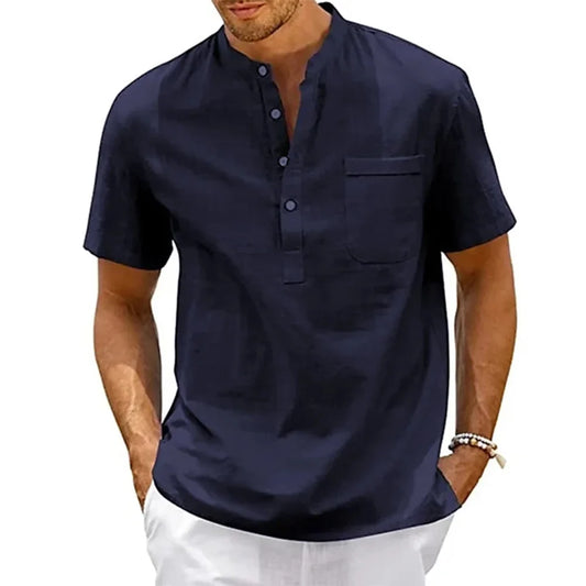 Men's Cotton-Linen Henley Beach Shirt with Pocket