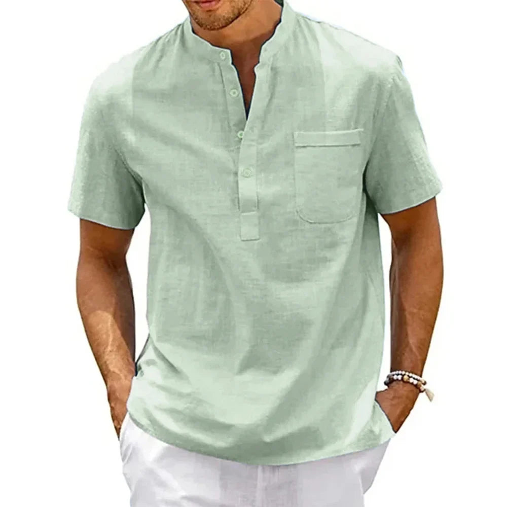 Men's Cotton-Linen Henley Beach Shirt with Pocket