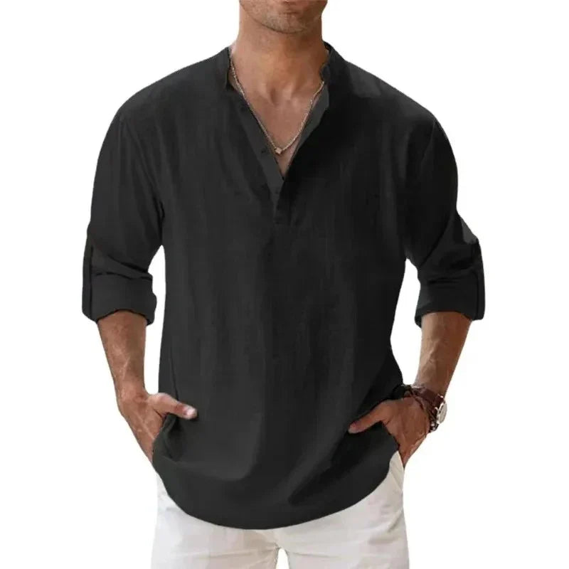 Men's Lightweight Long-Sleeve Henley Cotton-Linen Shirts