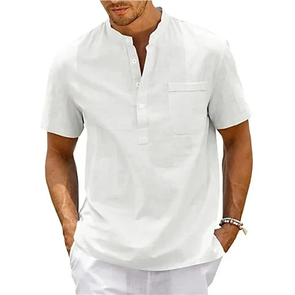 Men's Cotton-Linen Henley Beach Shirt with Pocket