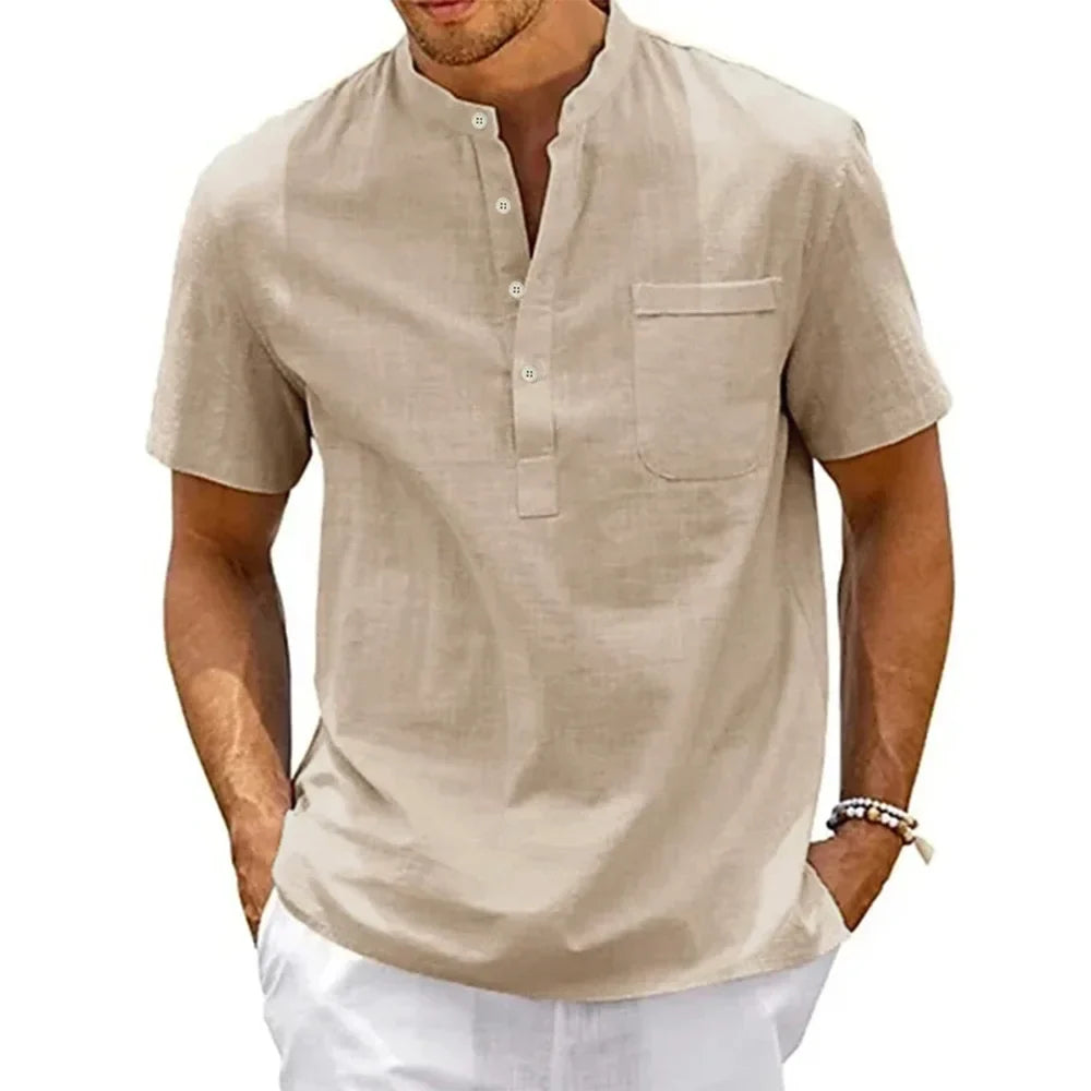 Men's Cotton-Linen Henley Beach Shirt with Pocket